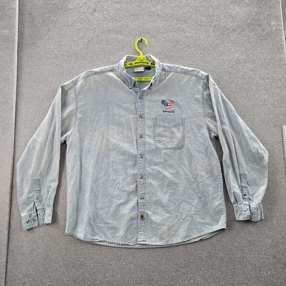 Disneyland Resort Men Button Up Shirt 2XL Light Blue Denim Mickey‎ Mouse